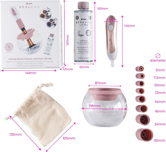 StylPro Kit cadeau : nettoyeur et séchoir électrique pour pinceaux de maquillage avec 8 colliers de pinceaux, nettoyant pour pinceaux – Nettoyeur de pinceaux rotatif rapide et automatique avec bol